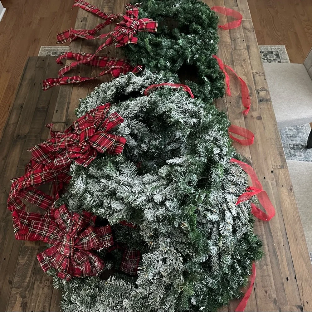 Holiday Christmas Snow Flocked Wreath With Tartan Red Plaid Bow